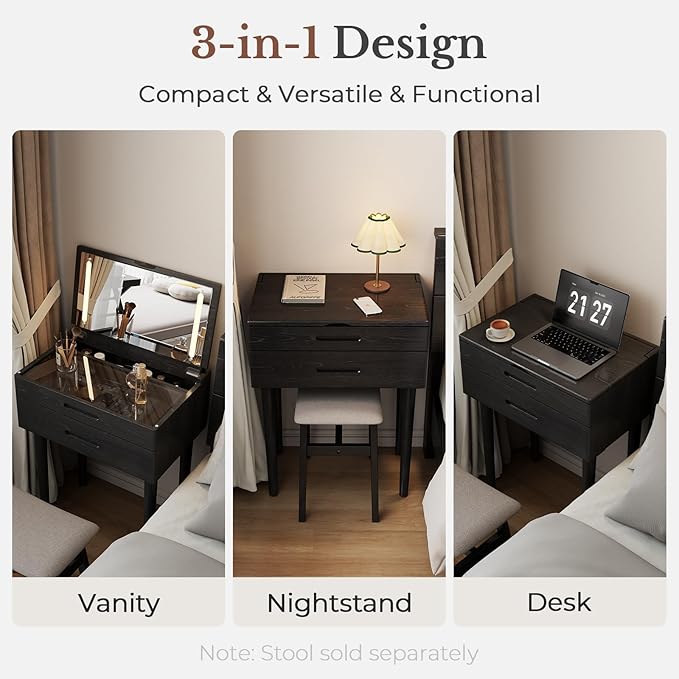 Muwuele Solid Wood Small Vanity Desk with Mirror and Lights, Narrow Makeup Vanity for Small Space, Flip Top Vanity Side Table, 3 Color Modes & Adjustable Brightness, 23.6" Slim Dressing Table, Black