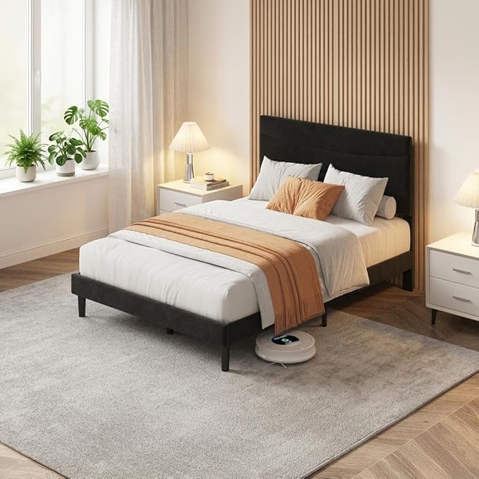 IDEALHOUSE Full Size Upholstered Platform Bed Frame with Ergonomic Headboard, Beige Soft Fabric, Heavy Duty Wooden Slats, Noise-Free, 6.3" Underbed Storage, No Box Spring Needed, Easy Assembly