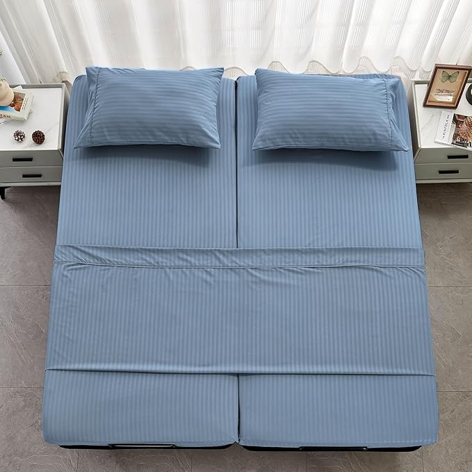 Kingnex Striped Split California King Sheets Sets for Adjustable Bed with Deep Pocket 5 Pieces Include 2 Cali Twin XL Fitted Sheets 1 Flat Sheet 2 King Size Pillowcases Blue