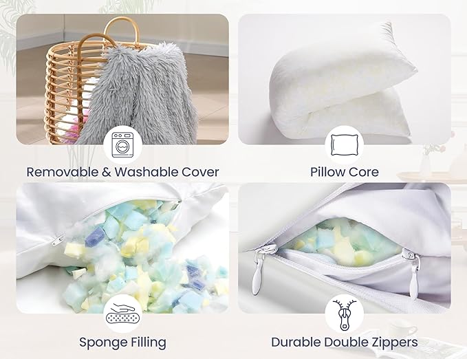 Fluffy Silk Full Body Pillow for Adults 20x54 Satin Body Pillow Cover Pillowcase with Memory Foam for bed Light Grey Pregnancy Cuddle Snuggles Body Pillows for Sleeping Side Sleeper Pillows for Adults