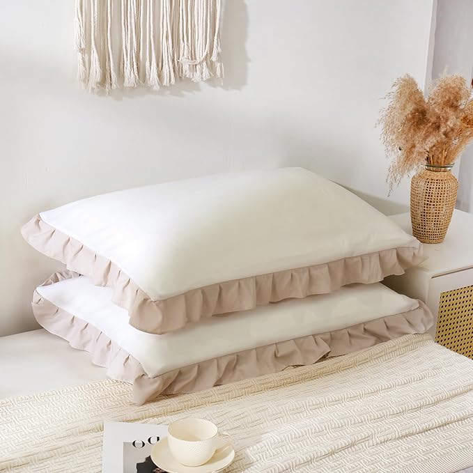 Merryword Beige Pillow Ruffled Shams White and Beige Reversible King Pillowcases Cute Pillow Cover Set of 2 Soft Shabby Chic Pillowcases 2 Pack (King (20''x36''), White Beige)