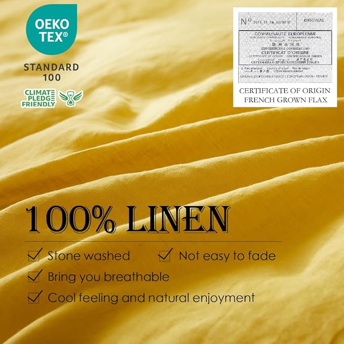 Simple&Opulence 100% Linen Duvet Cover Set 3pcs Basic Style Natural French Washed Flax Solid Color Soft Breathable Farmhouse Bedding with Button Closure - Mustard Yellow, King
