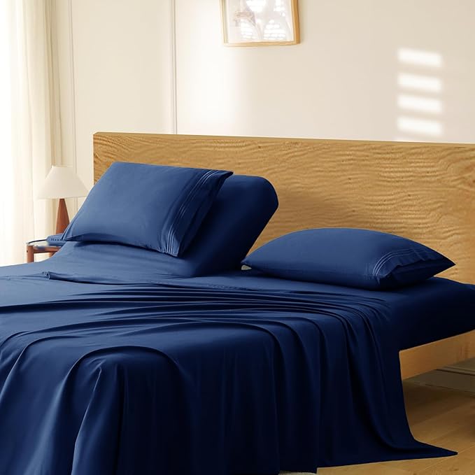 Manyshofu 4 Piece Split Head King Sheets Sets for Adjustable Bed Sheet, Flex Head Split Top King Sheets Navy Blue Sheet Set - 1800 Thread Count Bedding Set with 14-16 Inch Deep Pockets