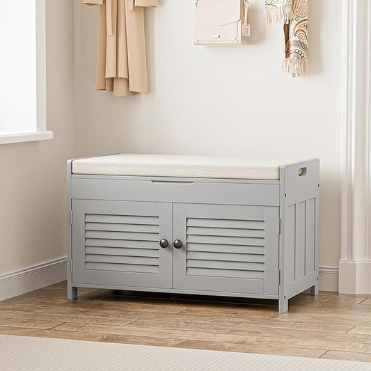 WARMHONIU Shoe Storage Bench with Lift Top Storage, Entryway Bench with Cushioned Seat, Adjustable Shelf, 2 Tier Shoe Rack with Doors for Entryway, Bedroom, Hallway, Mudroom, Grey