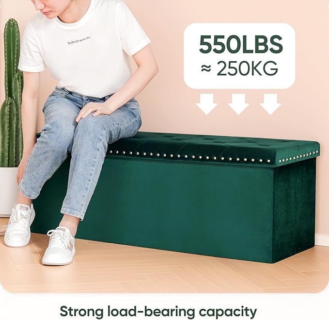 PINPLUS Storage Ottoman Bench for Bedroom, Green Ottoman Folding Velvet Chest with Benches Foot Rest Stool, Large Long Foldable Chest for Entryway Living Room, 43.3"x15.7"x15.7"