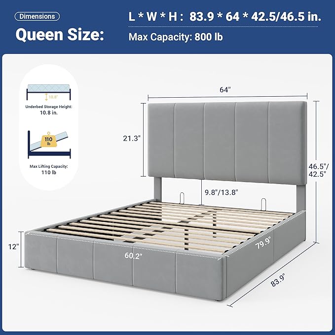 Allewie Queen Size Velvet Lift Up Storage Bed Frame, Vertical Channel Tufted Headboard, Hydrualic Underneath Storage, Upholstered Platform Bed, Wooden Slats Support, No Box Spring Needed, Gray
