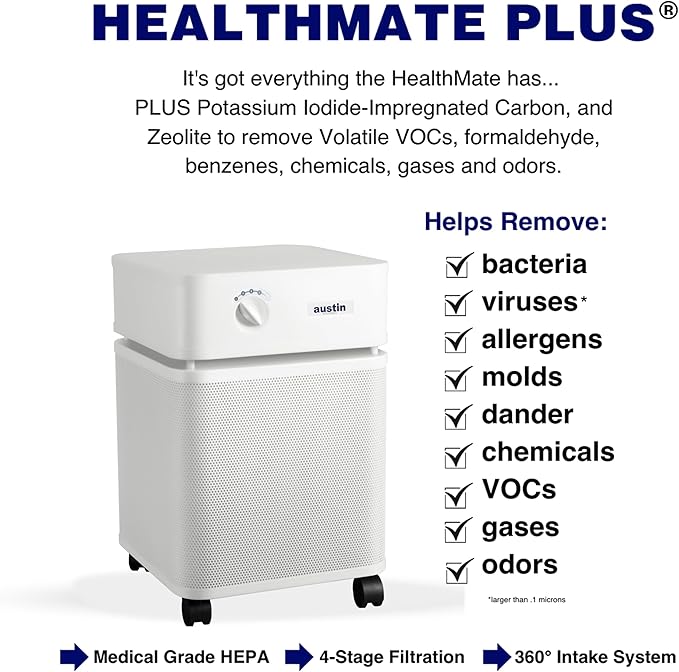 Austin Air HealthMate Plus Air Purifier White - Advanced 4- Stage Filtration Air Purifiers For Home with Activated Carbon & Zeolite - Ideal as Air Purifiers for Bedroom or any Large room, Model B450