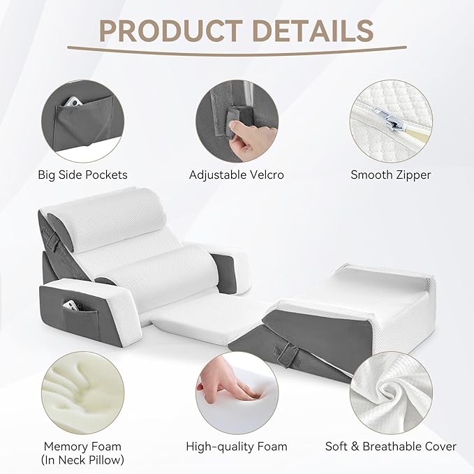 Yojoker 9PCS Orthopedic Bed Wedge Pillow Set for Sleeping, Back and Leg Pain Relief, Post Surgery Foam Pillow for Body, Triangle Adjustable Support Pillow - Acid Reflux Sleeping Pillows Grey