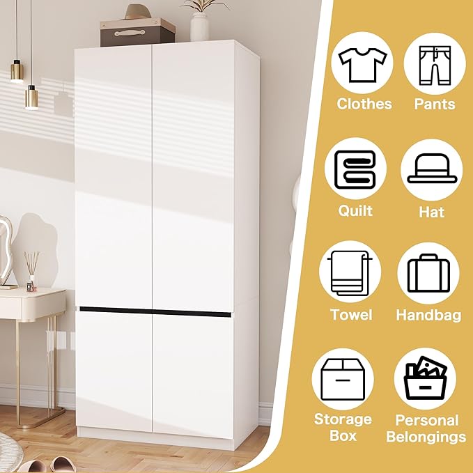 White Armoire Wardrobe Closet: 74" Wooden Wardrobe Closet with 2 Doors, Bedroom Armoires with Hanging Rod, Tall Closets Cabinet for Hanging Clothes (31.5")