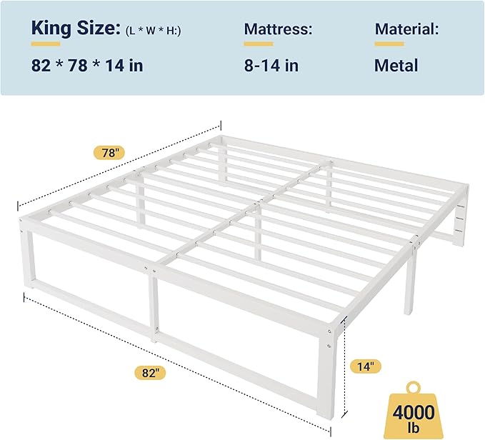Allewie King Size Bed Frame, 14 Inch Metal Platform Bed Frame with 4000LBS Heavy Duty Steel Slats Support, Noise Free, Easy Assembly, No Box Spring Needed, White