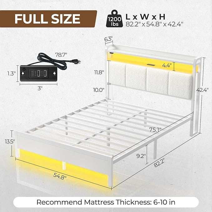 Rolanstar Bed Frame Full Size with Charging Station and LED Lights, Upholstered Headboard with Storage Shelves, Heavy Duty Metal Slats, No Box Spring Need, Noise Free, Easy Assembly, White