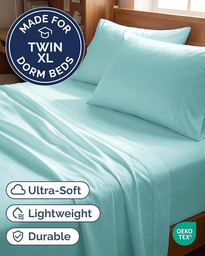 Twin XL 4 Piece Sheet Set - Comfy Breathable & Cooling - Hotel Luxury Bedding for Women, Men, Kids, Teens & Children - 1 Flat & 1 Fitted Sheet & 2 Pillowcases w/ Deep Pockets - Wrinkle Free - Spa Blue