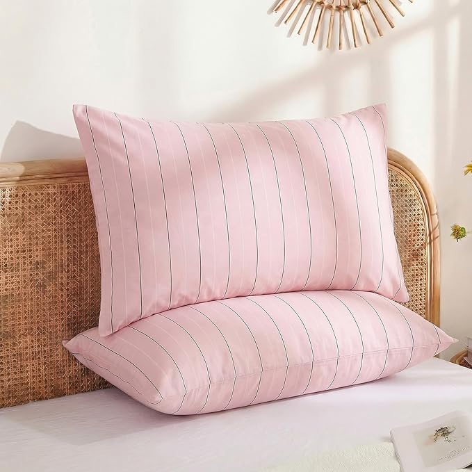 Merryword Pink Striped Pillowcases, 100% Cotton Pillow Cases, Queen Size Pillowcases, Luxury Linen Like Pillowcase, Soft Breathable Pinstripe Pillow Covers, Set of 2