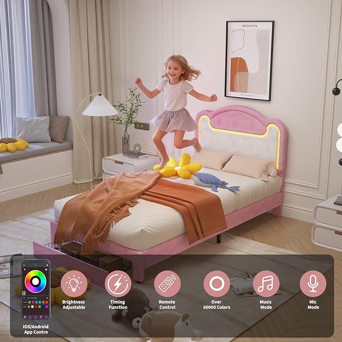 Garvee Twin Size Upholstered Bed Frame with LED Lights & Storage Drawers, Fabric Headboard & Wood Slats, No Box Spring Needed, Princess Bed for Girls (Pink White)