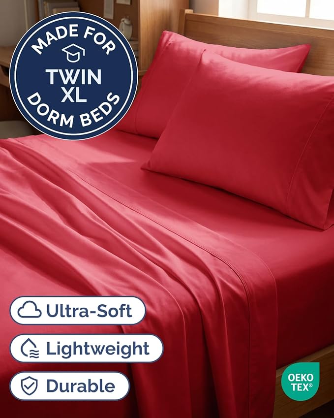 Twin XL 4 Piece Sheet Set - Comfy, Breathable & Cooling - Hotel Luxury Bedding for Women, Men, Kids, Teens and Children - 1 Flat & 1 Fitted Sheet & 2 Pillowcases w/ Deep Pockets - Wrinkle Free - Red