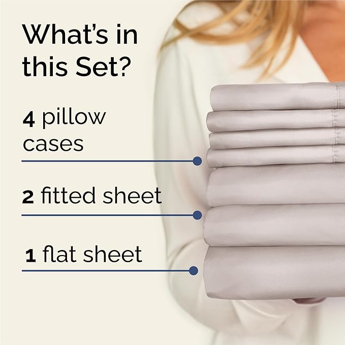 Split King 7 Piece Sheet Set - Comfy, Breathable & Cooling - Soft Hotel Luxury Bedding for Women, Men, Kids, Teens & Children - 1 Flat & 2 Fitted Sheets & 4 Pillowcases w/ Deep Pockets - Light Grey