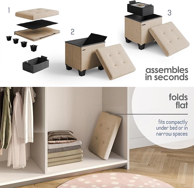 Storage Ottoman Cube with Small Bin, 15-in Square Ottoman with Storage for Living Room and Bedroom, Small Ottomans Foot Rest, Velvet Foot Stools Ottomans Max 330lbs, Taupe