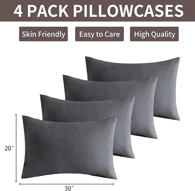 MINIPANDA Dark Grey Pillow Cases Set of 4 Queen Size - Super Soft, Smooth and Breathable Dark Gray Pillow Cases Queen- Envelope Design - Machine Washable Lightweight (20X30 Inches (4 Piece))