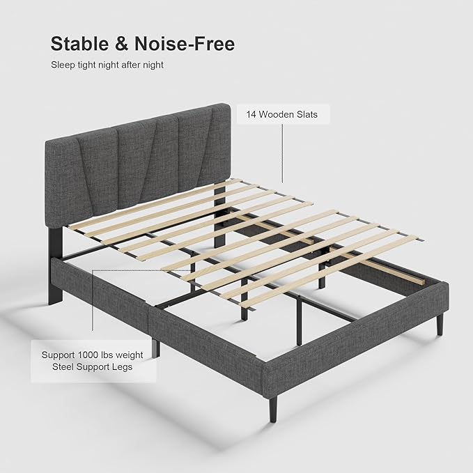 HAOARA Full Size Bed Frame with Fabric Upholstered Headboard, Platform Bed with Wooden Slats Support, Fully Mattress Foundation, Box Spring Optional, Easy Assembly