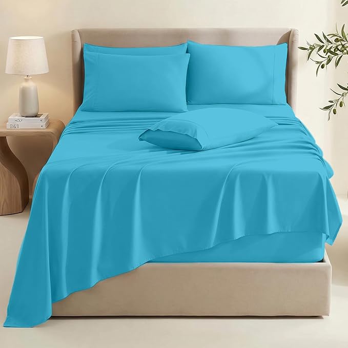 Hearth & Harbor Extra Deep Pocket King Size Sets - Fits Mattress 18-24 Inches Deep - Extra Deep Pocket Sheets - 6 Piece King Size - Beach Blue