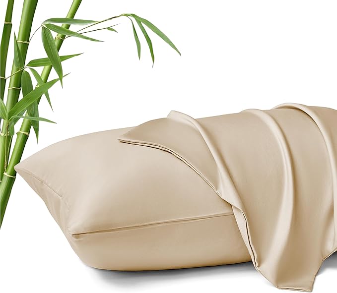 MR&HM Standard Pillow Cases Set of 2, Cooling Pillow Case for Hot Sleepers 20"x26", Breathable & Moisture Wicking, Soft Envelope Pillowcases, Rayon Derived from Bamboo & Polyester Blend (Beige)