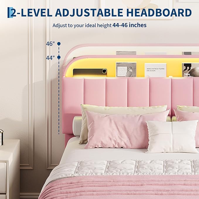 GarveeHome Full Bed Frame with Storage Headboard, Kids Bed Frame with 2 Drawers, Velvet Upholstered Platform Bed Frame with Lights, No Box Spring Needed, Easy Assembly, Velvet Pink
