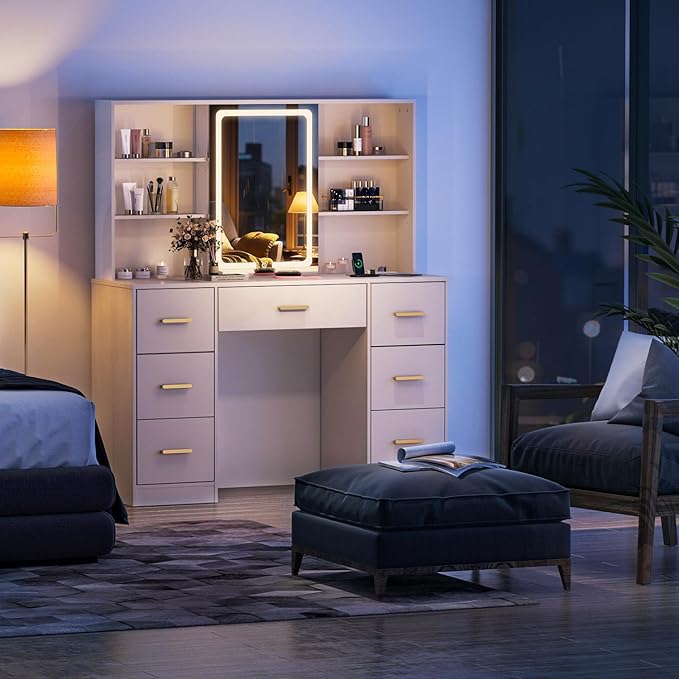 knoworld 47'' Large Vanity Desk with Mirror and Lights, 7 Drawers, 8 Storage Shelves Vanity Table, Big Makeup Vanity Desk with 3 LED Lighting Modes, Vanity Dresser with Outlet, Sliding Mirror (White)
