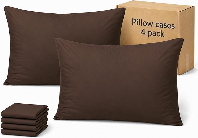 ZPECC Pillow Cases King Size Set of 4, 20x36 Envelope Closure Pillowcases, Soft Plain Brushed Microfiber Covers Hypoallergenic Breathable, Brown