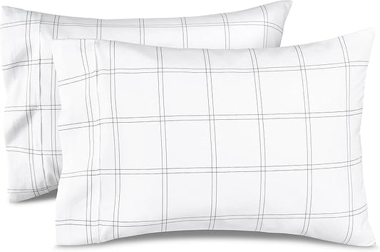 Bare Home Microfiber Pillow Cases - King Size Set of 2 - Cooling Pillowcases - Double Brushed - Pillowcases 2 Pack - Easy Care (King, Modern Plaid - White/Grey)