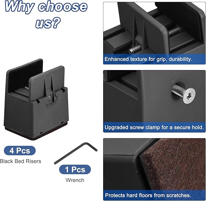 uxcell 2 inch Bed Risers with Adjustable Screw Clamp, 4Pcs Furniture Risers for Bed, Desk, Sofa, Table, Fit for Furniture Thickness 0.39-1.45", Supports 5000 Pounds, Black (Pack of 2)