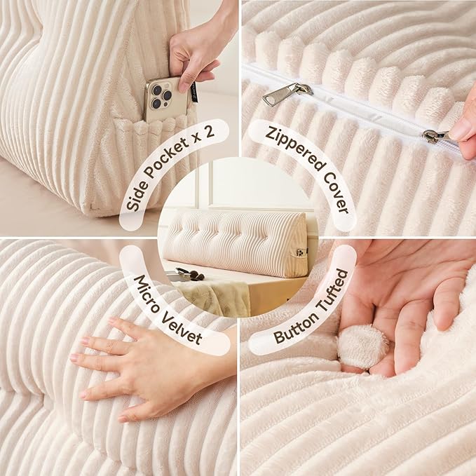 Z-hom Large Headboard Pillow King, NO ROLL Pillow, Wedge Pillow Headboard for Sitting Up in Bed, Backrest Support Triangular Cushion for Reading, Gap Pillow w/Removable Washable Cover,Cream