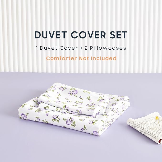 Wake In Cloud - Coquette Duvet Cover Set, Floral Cottagecore Flower Shabby Chic Cute Aesthetic, Soft Lightweight Bedding for Women Teen Girls, 3-Piece, White Purple, Full Size