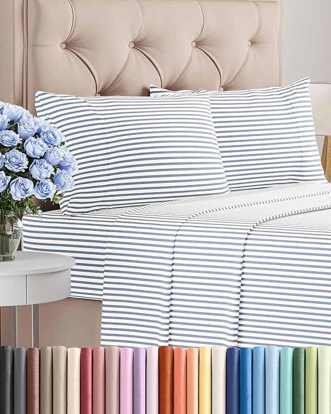 Queen Size 4 Piece Sheet Set - Comfy Breathable & Cooling Sheets - Hotel Luxury Bed Sheets for Women & Men - Deep Pockets, Easy-Fit, Soft & Wrinkle Free Sheets - Blue Stripes Oeko-Tex Bed Sheet Set