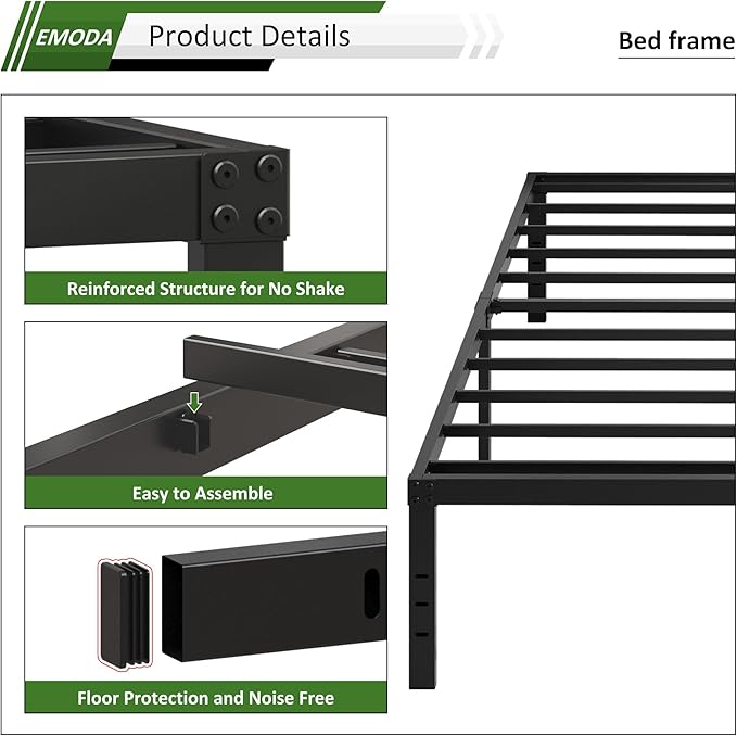 EMODA 18 Inch Twin XL Bed Frames No Box Spring Needed, Heavy Duty XL Twin Metal Platform Bed Frame with Tall Storage Space, Noise Free, Easy Assembly, Black