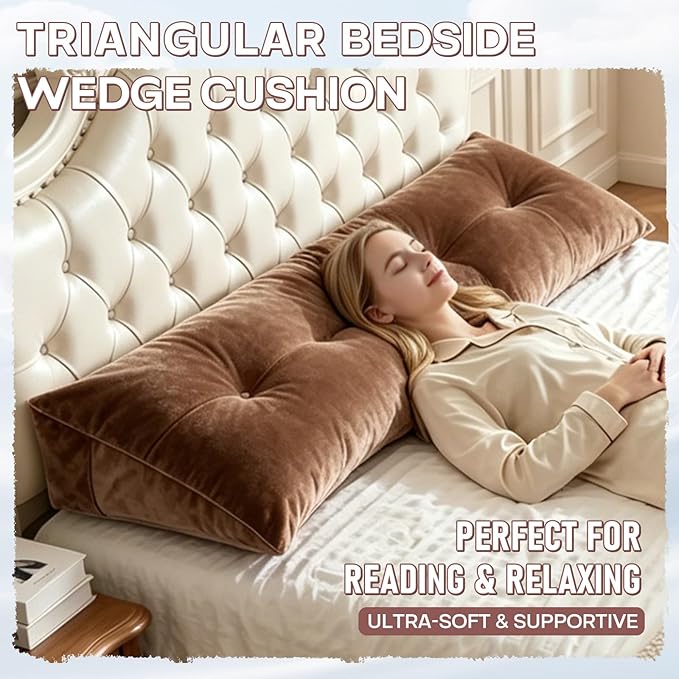 Headboard Pillow Queen, Triangle Wedge Pillow for Headboard, Ergonomic Backrest Cushion for Reading Sitting Working Removable Crystal Velvet Cover for Bed Dorm Sofa (Mocha Brown, Queen)