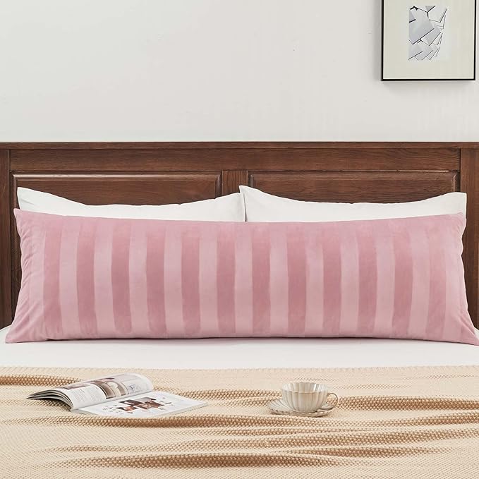 BEDELITE Velvet Body Pillow Cover with Zipper, Soft and Plush 20x54 Long Pillow Case, Velvety Smooth and Cozy Body Pillow Pillowcase for Bedroom, for All Seasons(Dusty Pink-Stripe)