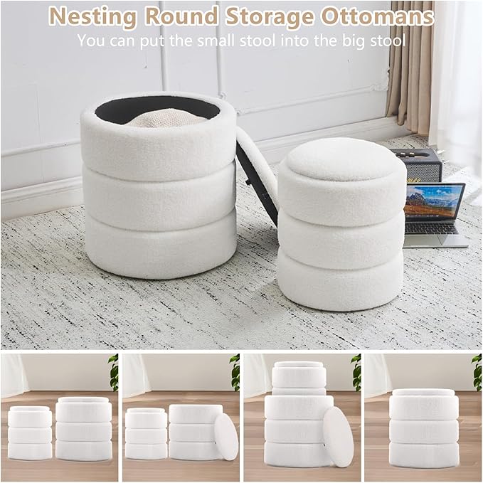 oakvivo Round Ottoman with Storage Set of 2, Soft Teddy Velvet Upholstered Foot Stool Vanity Chairs, Support 330lbs Padded Seat Multifunctional Ottomans Footrest, Foot Rest for Living Room, White