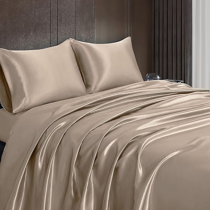 Homiest 4pcs RV Short Queen Satin Sheets Set Luxury Silky Satin Bedding Set with 10" Deep Pocket, Camper Queen Sheets, 1 Fitted Sheet + 1 Flat Sheet + 2 Pillowcases (RV Short Queen, Taupe)