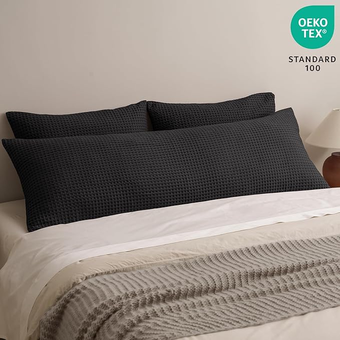 PHF Ultra Soft Waffle Weave Body Pillowcase with Zipper, No Insert, 1Pack 20" x 54" Pillow Sham, Breathable & Skin-Friendly Body Pillow case, Stylish Decorative Bed Pillow Cover, Black