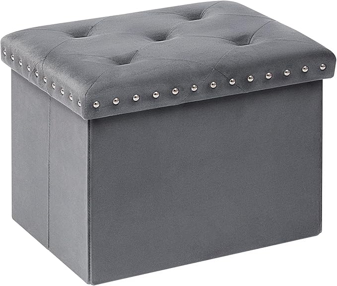PINPLUS Storage Ottoman with Benches Foot Rest Stool, Folding Velvet Shoes Chest for Bedroom, Living Room, Grey,16.5"x12.6"x12.6"