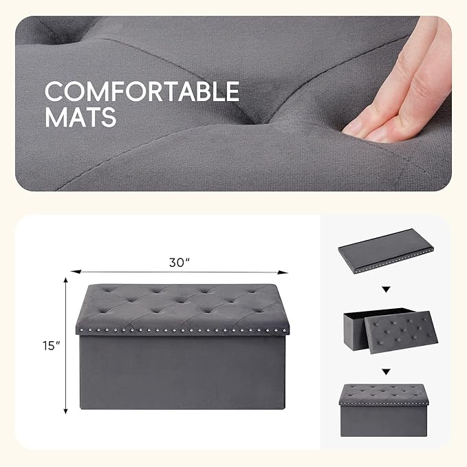 PINPLUS Storage Ottoman Bench, Folding Velvet Fabric Ottomans with Storage, Large Long Shoes Chest with Rivet Design, Blanket Chests Foot Rest Stool for Bedroom Living Room, Grey,30"x15"x15"
