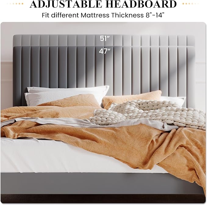 SHA CERLIN Full Upholstered Platform Bed Frame with Vertical Channel Tufted Velvet Fabric Adjustable Headboard, Wooden Slats Support, Mattress Foundation, Box Spring Optional, Grey