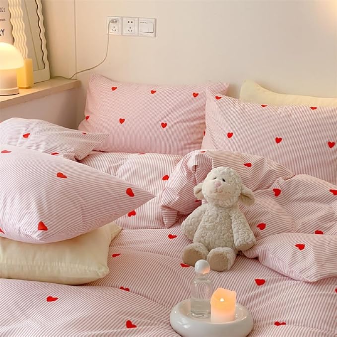 Nayoroom Heart Duvet Cover Queen Size Cute Pink Striped Printed Bedding Set 3Pcs Kids Girls Kawaii Heart-Shaped Comforter Cover with Zipper Closure Soft Breathable Microfiber