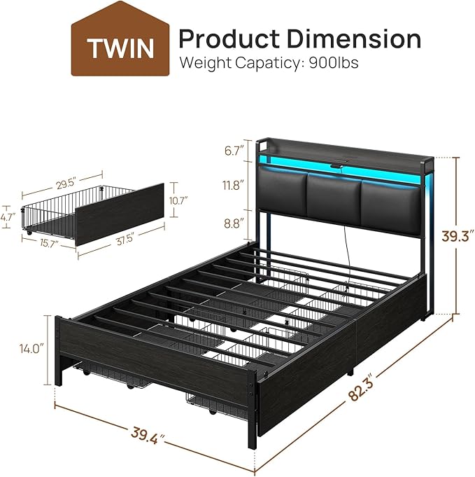 Rolanstar Bed Frame Twin Size with Charging Station and LED Lights, Upholstered Storage Headboard with Drawers, Heavy Duty Metal Slats, No Box Spring Needed, Easy Assembly, Black