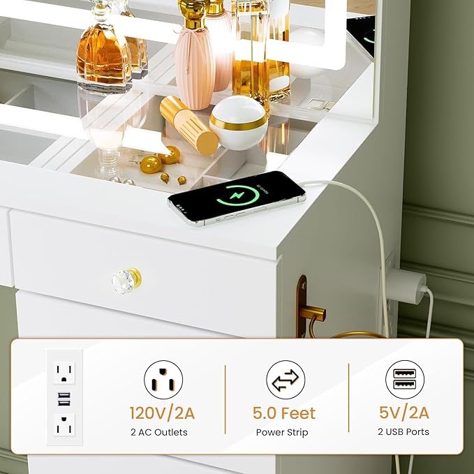 Pamapic Glass Top Vanity Desk with Crystal Handles and 11 Drawers, Makeup Vanity with Mirror and Lights, 3 Lighting Modes Dressing Table, Power Outlet, Silent Slides, White