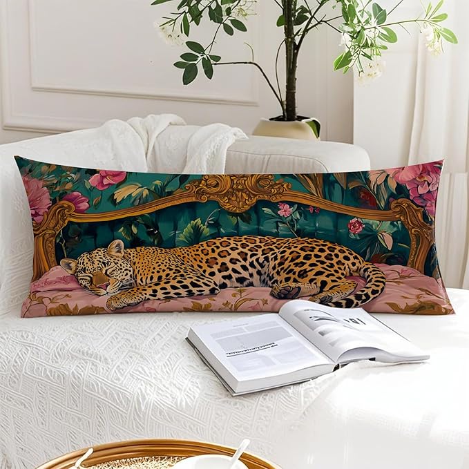 Vintage Leopard Floral 20x54 Body Pillow Cover, Cheetah Room Decor, Trendy Retro Sleepy Leopard Pink Flowers Decorative Long Body Pillow Cases for Bed Couch