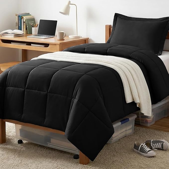 CozyLux Twin/Twin XL Comforter Set Black - 270GSM Box Stitched Bedding Set for College Dorm & Back to School, Lightweight All Season for Teen Boys, Girls, 2 Pcs with Comforter and Pillow Sham