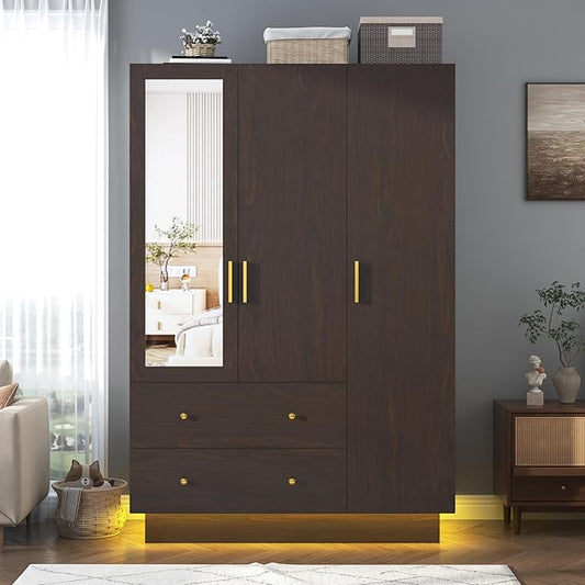 chartustriable 3 Doors Armoire Wardrobe Closet with Mirror, LED Armoire with Doors and Drawers, Wooden Wardrobe Storage Cabinet with Hanging Rod, Adjustable Shelves, Brown