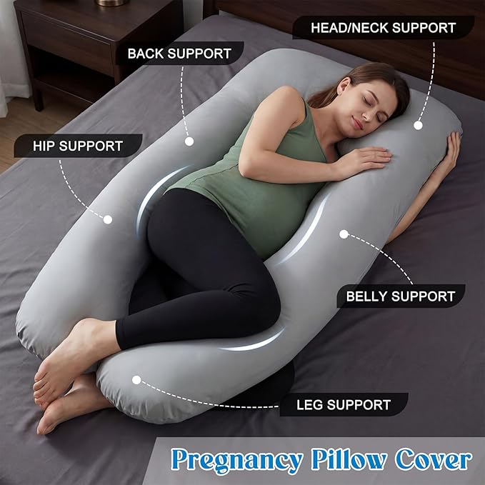 Hahafelt Cooling Pregnancy Pillow Cover (Only Pillowcase) 57 Inch Large U Shaped Full Body Pillowcase Maternity Stretchy Soft Breathable Cool Pillow Cover with Zipper for Side Sleeper (Gray)