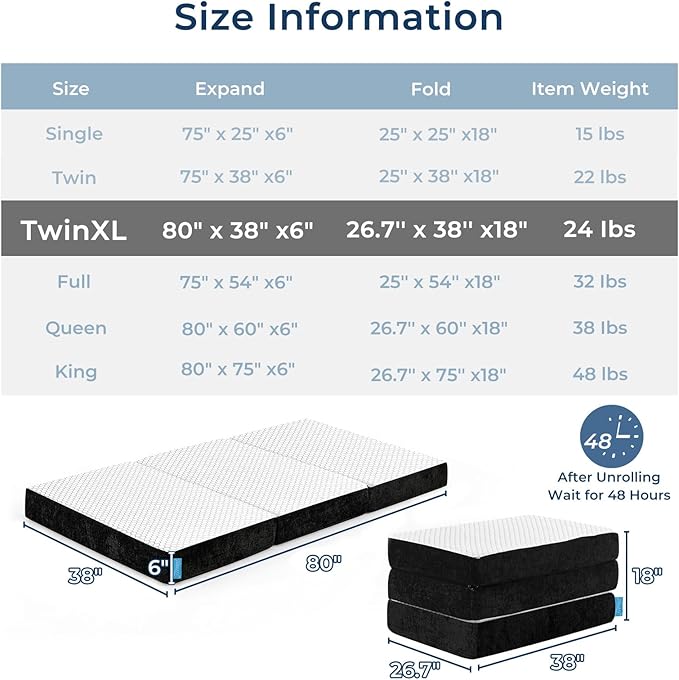 Odorless Foldable Mattress Twin XL 80" x 38" x 6", 6 Inch Folding Foam Mattress with Storage Bag, Fiberglass Free Trifold Memory Foam Mattress for RV, Guest Bed
